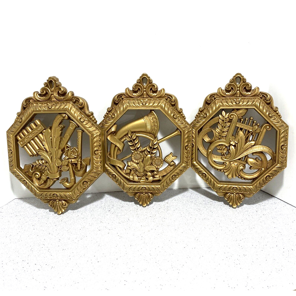 Homeco 1976 golden faux carved wood wall hangings set of 3 plaques music motif